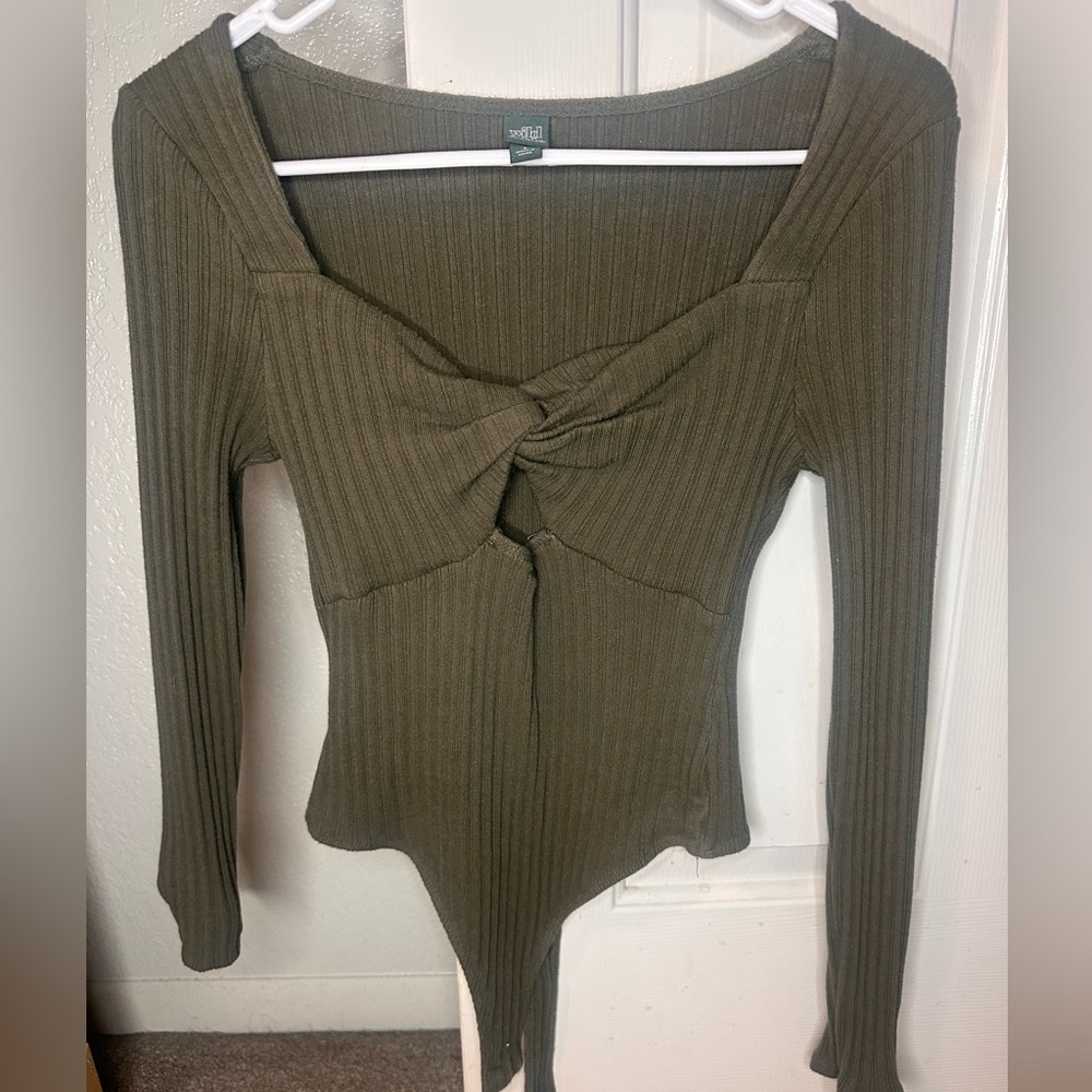 Wild Fable Olive Ribbed Knot Front Bodysuit